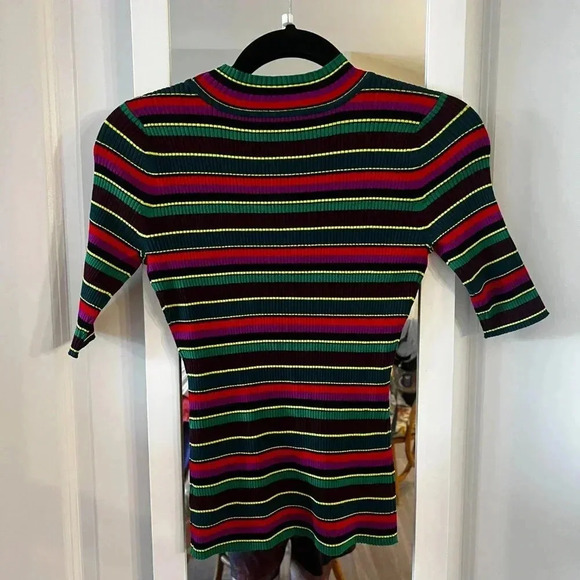385 Milly Stripped Ribbed Short Sleeve Blouse Size Small Color Black Red - Picture 7 of 7